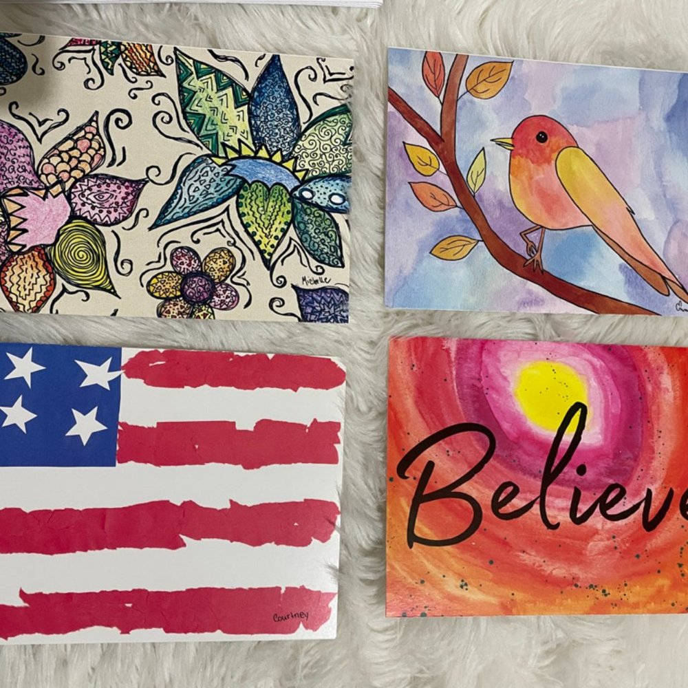 4 Children's Art greeting card bundle Tree Bird, Flowers, Flag, Believe light